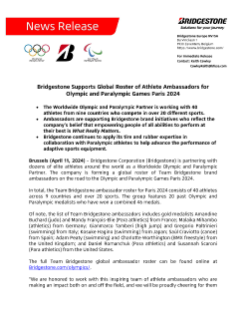 Bridgestone Supports Global Roster of Athlete Ambassadors for Olympic and Paralympic Games Paris 2024 Press Release