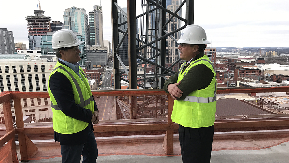 Gordon Knapp, president and CEO of Bridgestone Americas, with WKRN's Neil Orne at downtown Nashville HQ building