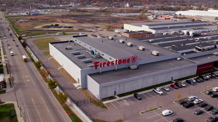 Aerial view of the ATPC, which includes the Firestone sign and grounds for the new tire test track.