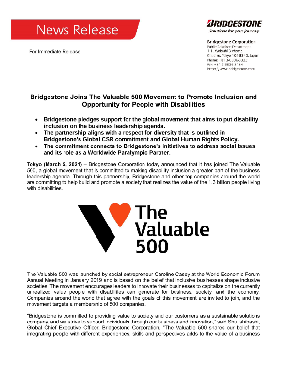 Bridgestone Joins The Valuable 500 Press Release