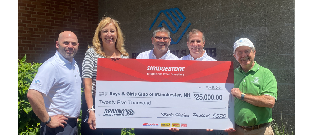 Bridgestone Retail Operations presents a donation of $25,000 to the Boys & Girls Club of Manchester, NH.   From left to right: Bryan O’Kelley, Manchester, NH Area Manager, BSRO; Diane Fitzpatrick, CEO, Boys & Girls Club of Manchester; Eugene Bressette, New England Region Manager, BSRO; Bob Edmunds, Northeast Division Vice President, BSRO; Ken Neil, COO, Boys & Girls Club of Manchester