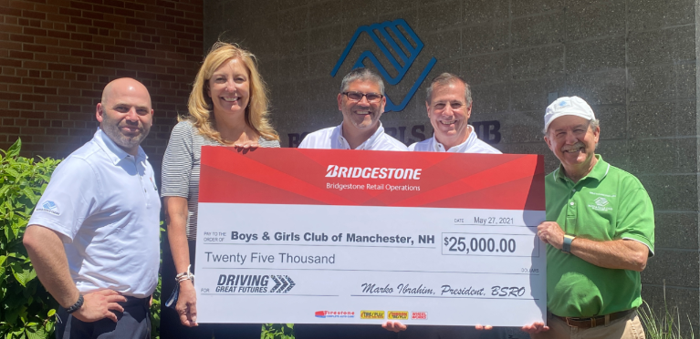Bridgestone Retail Operations presents a donation of $25,000 to the Boys & Girls Club of Manchester, NH.   From left to right: Bryan O’Kelley, Manchester, NH Area Manager, BSRO; Diane Fitzpatrick, CEO, Boys & Girls Club of Manchester; Eugene Bressette, New England Region Manager, BSRO; Bob Edmunds, Northeast Division Vice President, BSRO; Ken Neil, COO, Boys & Girls Club of Manchester