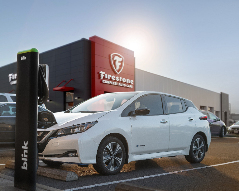 Blink Level 2 charging station at a local Firestone Complete Auto Care store