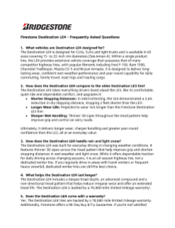 Answers to common questions about the Firestone Destination LE4, including vehicle fitments, performance, tread life, warranty coverage and product technology.