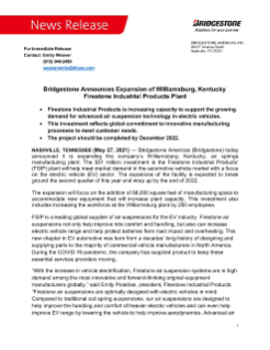 Bridgestone Announces Expansion of Williamsburg, Kentucky Firestone Industrial Products Plant Press Release