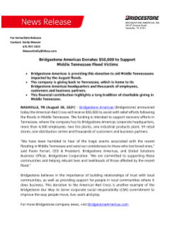 Bridgestone Americas Donates $50,000 to Support Middle Tennessee Flood Victims Press Release
