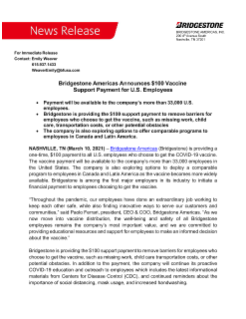 Bridgestone Americas Announces $100 Vaccine Support Payment for U.S. Employees Press Release