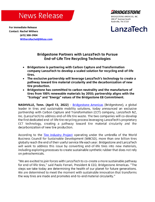 041322 Bridgestone LanzaTech Partnership Release Final