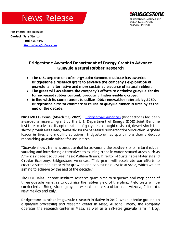 2022 Department of Energy Grant Guayule Release 32822 Final