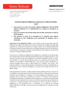 Como parte de un plan de inversion regional, Bridgestone invertira R$270 millones adicionales en la modernizacion de la planta de neumaticos