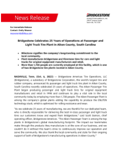 Bridgestone Celebrates 25 Years of Operations at Passenger and Light Truck Tire Plant in Aiken County, South Carolina Press Release