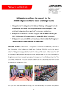 Bridgestone outlines its support for the 2023 Bridgestone World Solar Challenge teams Press Release