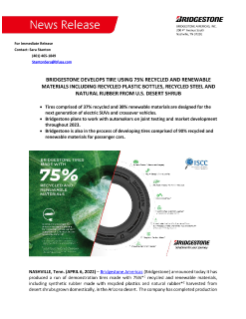 Bridgestone develops tire using 75 recycled and renewable materials including recycled plastic bottles recycled steel and natural rubber from US desert shrub press release