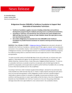 Bridgestone Donates $100,000 to TechForce Foundation to Support Next Generation of Automotive Technicians  Press Release
