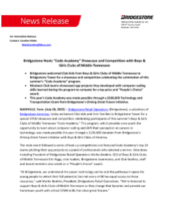 Bridgestone Hosts “Code Academy” Showcase and Competition with Boys & Girls Clubs of Middle Tennessee Press Release