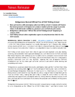 Bridgestone Named Official Tire of FAST Riding School Press Release
