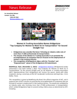 Women in Trucking Association Names Bridgestone “Top Company for Women to Work for in Transportation” for Second Straight Year Press Release
