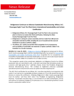 Bridgestone Continues to Advance Sustainable Manufacturing: Wilson, N.C. Passenger/Light Truck Tire Plant Earns International Sustainability and Carbon Certification Press Release