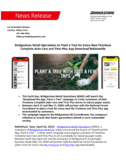 Bridgestone Retail Operations to Plant a Tree for Every New Firestone Complete Auto Care and Tires Plus App Download Nationwide press release