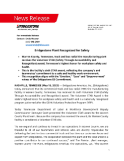 Bridgestone Plant Recognized for Safety Press Release