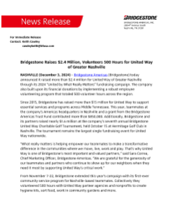 Bridgestone Raises $2.4 Million, Volunteers 500 Hours for United Way of Greater Nashville Press Release