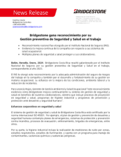 Bridgestone Costa Rica fue galardonado por el Instituto Nacional de Seguros por su gestión preventiva de Seguridad y Salud en el trabajo en el año 2023.
