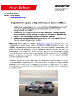 Bridgestone Recognized as Top Global Supplier by General Motors Press Release