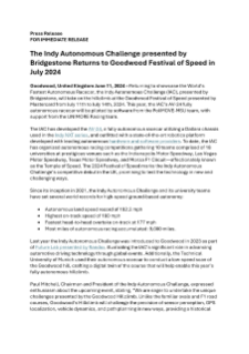 The Indy Autonomous Challenge presented by Bridgestone Returns to Goodwood Festival of Speed in July 2024 Press Release