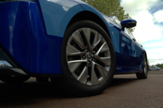 A close up of the Bridgestone Turanza T005 tire being supplied for Toyota Mirai hydrogen-powered fuel cell electric vehicles at Paris 2024.