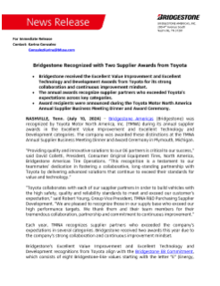 Bridgestone Recognized with Two Supplier Awards from Toyota Press Release