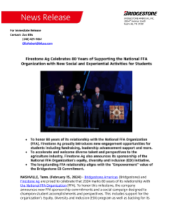 Firestone Ag Celebrates 80 Years of Supporting the National FFA Organization with New Social and Experiential Activities for Students Press Release