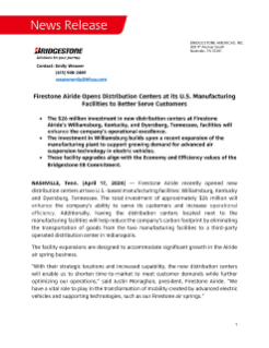 Firestone Airide Opens Distribution Centers at its U.S. Manufacturing Facilities to Better Serve Customers Press Release