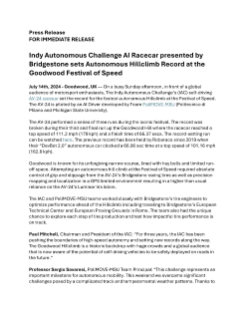 Indy Autonomous Challenge AI Racecar presented by Bridgestone sets Autonomous Hillclimb Record at the Goodwood Festival of Speed Press Release