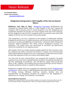 Bridgestone Recognized as 2024 Supplier of the Year by General Motors Press Release