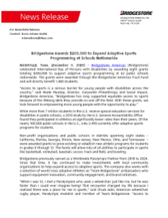 Bridgestone Awards $200,000 to Expand Adaptive Sports Programming at Schools Nationwide Press Release