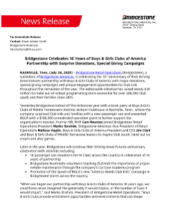 Press release recapping Bridgestone and BGCA's 10 year partnership.