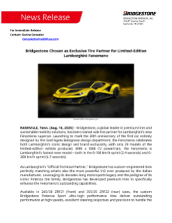 Bridgestone Chosen as Exclusive Tire Partner for Limited-Edition Lamborghini Fenomeno Press Release
