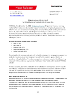 Bridgestone is issuing a voluntary recall on 1,742 Destination LE3 All-Season tires that were developed for replacement market use on light trucks, crossovers, and SUVs. The tires were manufactured incorrectly at the company’s Wilson, North Carolina plant between October 26, 2025 and November 8, 2025.