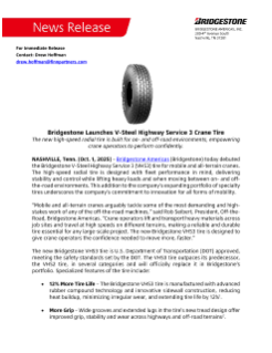 The new Bridgestone V-Steel Highway Service 3 tire, designed for mobile and all-terrain cranes, is available now for fleets nationwide.