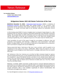 Bridgestone Names 2025 ASE Master Technician of the Year Press Release