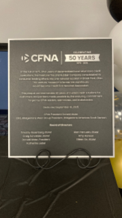 Photo of the CFNA commemorative plaque the company dedicated during its 50th anniversary celebration. 