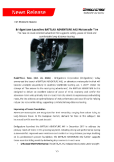 Bridgestone Launches BATTLAX ADVENTURE A42 Motorcycle Tire Press Release