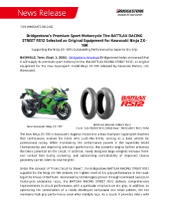 Bridgestone’s Premium Sport Motorcycle Tire BATTLAX RACING STREET RS12 Selected as Original Equipment for Kawasaki Ninja ZX-10R Press Release