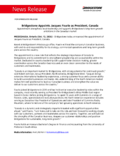 Bridgestone Appoints Jacques Fourie as President, Canada Press Release