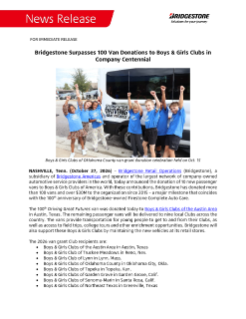 Bridgestone Surpasses 100 Van Donations to Boys & Girls Clubs in Company Centennial Press Release