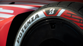 Close-up image of the Bridgestone POTENZA GEN4 tire developed for the ABB FIA Formula E World Championship, featuring the new motorsport branding and supporting the GEN4 race car.