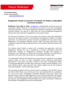 Bridgestone Chosen as Exclusive Tire Partner for Historic Lamborghini Fenomeno Roadster Press Release