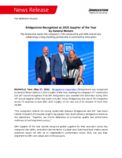 Bridgestone Recognized as 2025 Supplier of the Year by General Motors Press Release