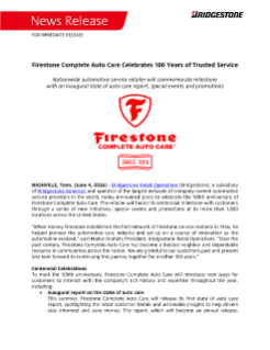 Firestone Complete Auto Care Celebrates 100 Years of Trusted Service Press Release