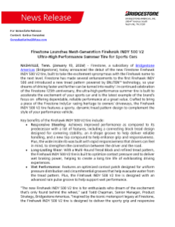 Firestone Launches Next-Generation Firehawk INDY 500 V2 Ultra-High Performance Summer Tire for Sports Cars Press Release